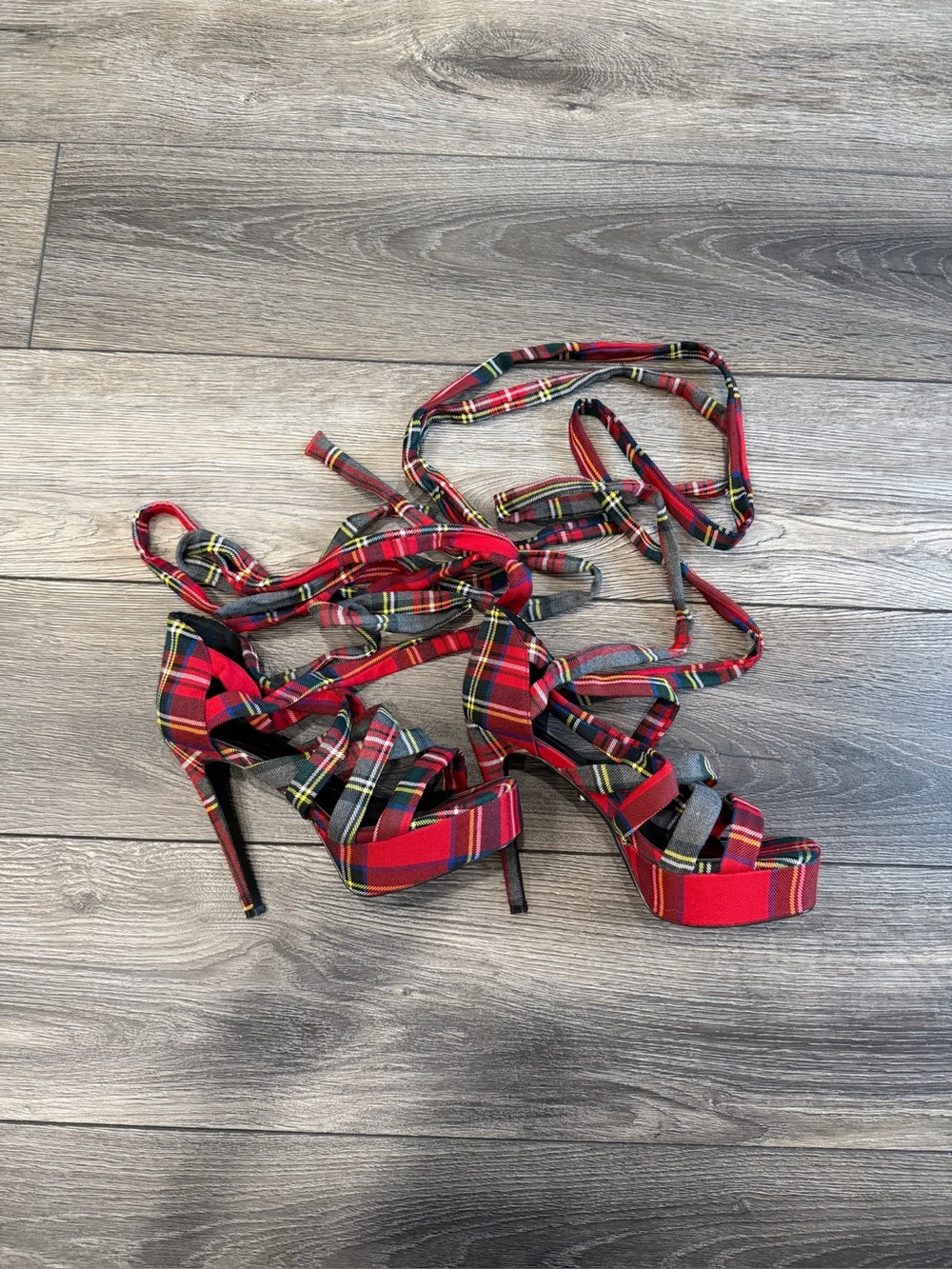 AKIRA Red Plaid Lace-Up Platform Heels